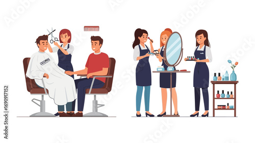 Two scenes depicting beauty salon services a hairstylist cutting a client s hair and makeup artists applying makeup to a model