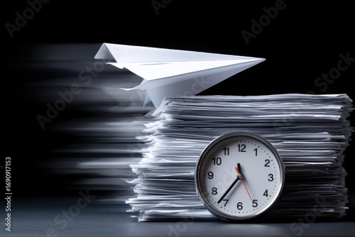 Paper airplane speeding over a stack of documents next to a clock
