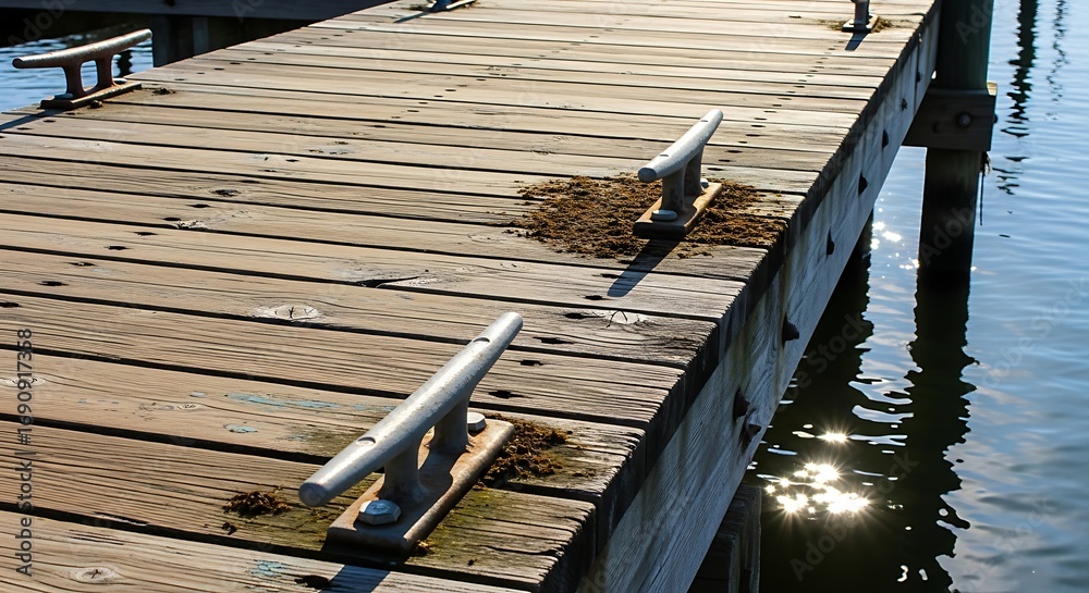 Naklejka premium Wooden Dock Pier with Cleats over Calm Water at Sunny Day