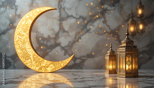 Golden crescent moon and ornate lanterns on a marble surface, creating a warm and inviting ambiance for ramadan and eid celebrations, evoking a sense of tradition and spirituality