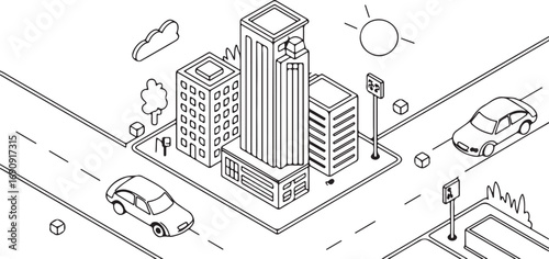 Isometric Cityscape with Buildings Cars Roads and Trees Urban Scene Architectural Landscape Black and White Vector Illustration