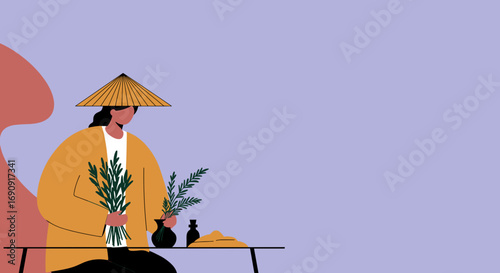 Traditional woman in a conical hat holding fresh herbs, preparing natural remedies or ingredients. Perfect for wellness, organic, and cultural themes.