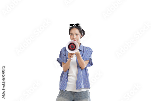 Photography Woman with Megaphone Announcement: A youthful woman, radiating confidence, announces an event or conveys a message through a vintage megaphone, showcasing communication