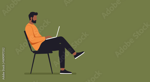Bearded man working intently on a laptop, symbolizing remote work, digital productivity, online learning, or a modern connected lifestyle.