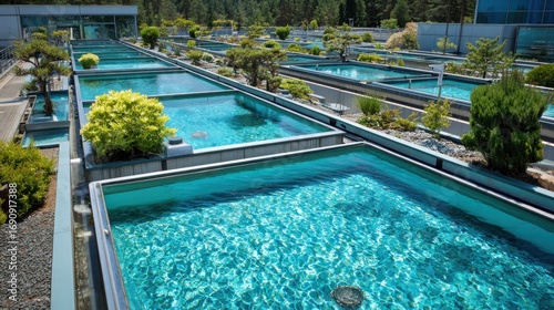 Rooftop water treatment pools with landscaping
