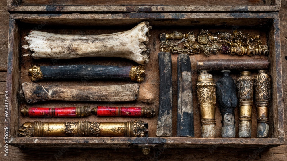 Fototapeta premium Wooden box filled with antique artifacts, bones, and tools