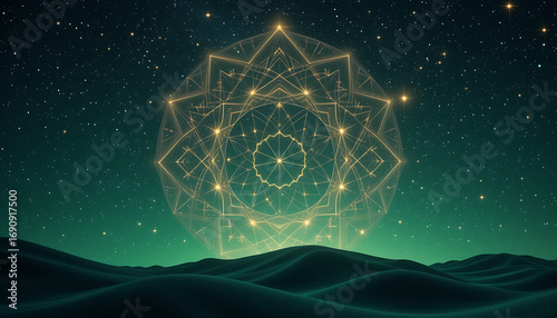A captivating geometric mandala floats above rolling sand dunes under a starry night sky, radiating a sense of cosmic harmony and spiritual enlightenment in a serene landscape