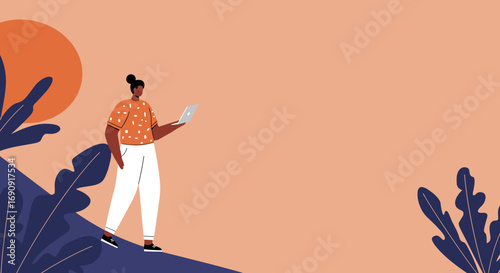 Modern woman working remotely on laptop in a vibrant, stylized outdoor setting. Represents digital connectivity, flexible lifestyle, and business freedom.