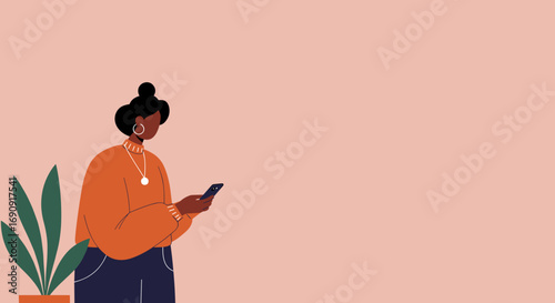 Stylish Black woman using a smartphone, symbolizing modern communication, digital lifestyle, and connectivity in a minimalist setting. Ideal for technology, business, or everyday life concepts.