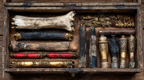 Wooden box filled with antique artifacts, bones, and tools