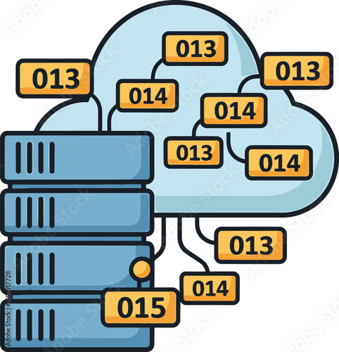 Conceptual illustration of server racks connected to a cloud network, symbolizing data transfer, hosting, and information technology infrastructure