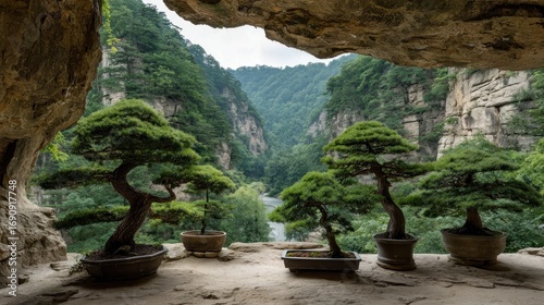 Cave opening with bonsai trees overlooking a valley