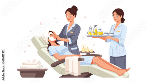 Two professional beauticians performing a facial treatment on a relaxed woman lying in a spa chair with skincare products
