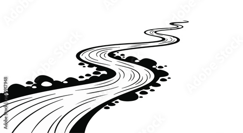 Stylized winding river flowing through rocky landscape, abstract monochrome art.
