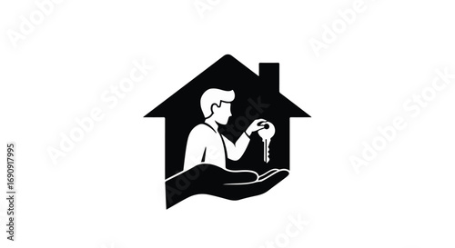 Hand offering a key to a person inside a house silhouette, symbolizing home ownership and real estate.