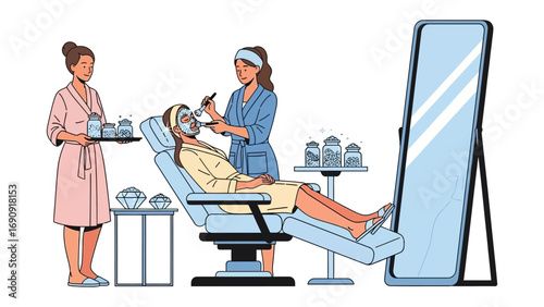 Professional aesthetician applying facial treatment to a client in a reclining chair with a mirror reflecting the scene
