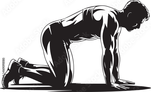 Athletic man performing core exercise on hands and knees showing muscular physique and dedication