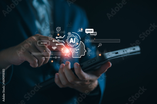 AI, Artificial intelligence technology, Machine learning, Marketing data analysis with Ai, Analyzing customer behavior, Data science, Assistant automation software, Chatbot on business network.