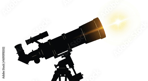 Telescope on a tripod pointed toward a glowing sun lens flare isolated on a white background for astronomy education and scientific discovery concepts in professional publishing and media.