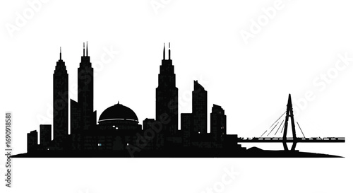 Modern city skyline silhouette with iconic towers and bridge against a white background.