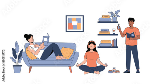 Diverse group of people enjoying a relaxing afternoon at home reading books and meditating in a cozy living room setting