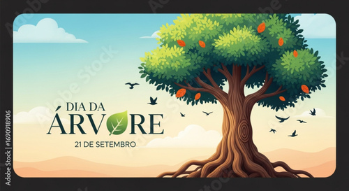 Ilustração do Dia da Árvore em estilo cartoon mostrando uma árvore com pássaros voando ao redor em um céu de setembro.