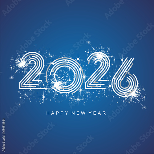 2026 New Year abstract silver multiply line design of 2026 year numbers shining glitter sparkle firework blue background greeting card