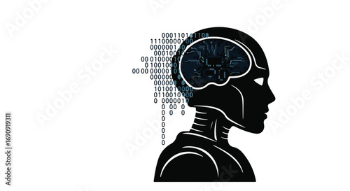 Futuristic human head silhouette with digital brain and binary code flowing out