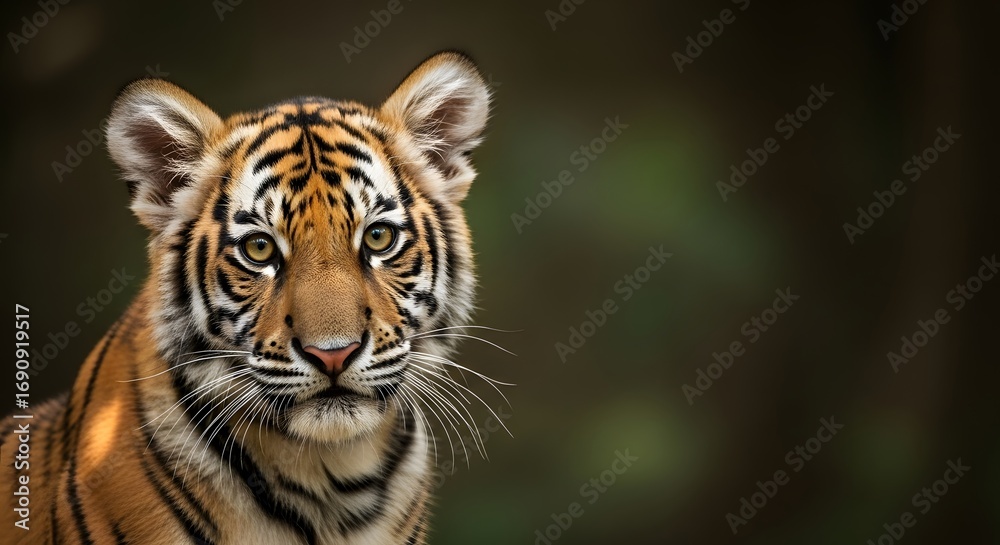 Obraz premium Close-up portrait of a young tiger cub with striking orange and black stripes, looking directly at the camera against a blurred green background.