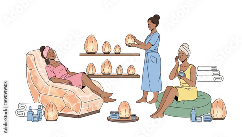Diverse women enjoying a relaxing spa day with himalayan salt lamps and skincare treatments in a serene wellness environment