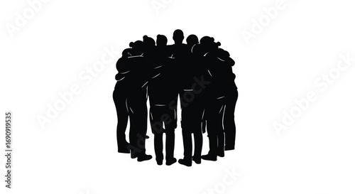 Group of diverse people standing in a tight circle with arms around each other isolated on a white background representing unity and teamwork for modern corporate collaboration and branding.