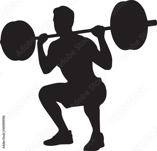 Silhouette of a muscular fitness athlete performing a barbell squat exercise for strength training
