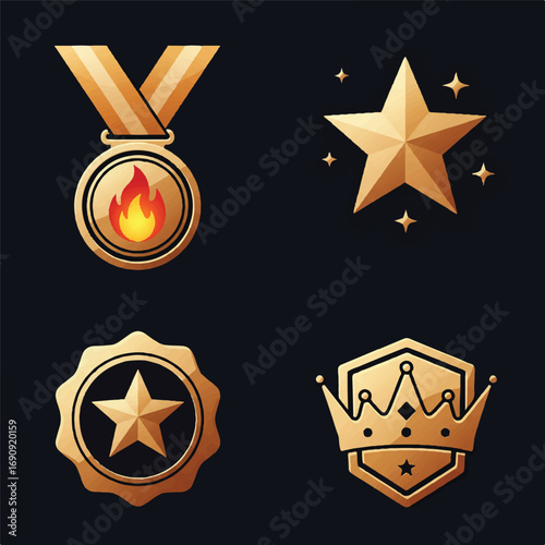Stylized Flat Vector Isolated Icons for Influencers, Creators, and Brand Sponsorship – Medal, Star, Badge, and Crown Symbols for Digital Marketing