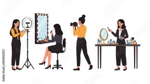 Diverse group of women creating content for social media with makeup photography and beauty tutorials