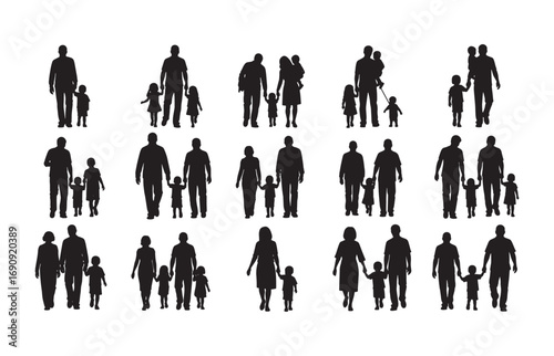 Diverse family silhouettes walking together holding hands showing unity and connection