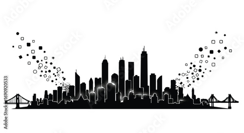 Modern city skyline silhouette with abstract light bursts emanating outwards.