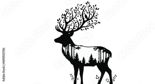 Majestic deer silhouette with forest and trees growing from antlers, symbolizing nature's harmony.