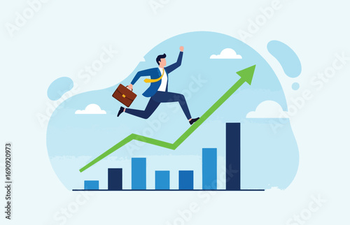 Businessman running up a rising graph symbolizing success and growth in business