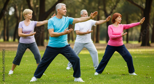 Four active seniors practicing Tai Chi outdoors in a park. Healthy older adults doing gentle exercise for wellness and balance.