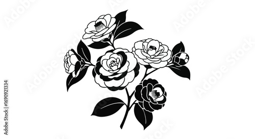 Elegant black and white camellia flowers with leaves, a delicate floral arrangement