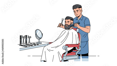 Professional barber using scissors and comb to expertly trim a bearded man s hair in a vintage barber shop chair