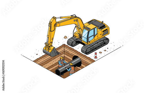 Yellow excavator digging trench construction site machine heavy equipment