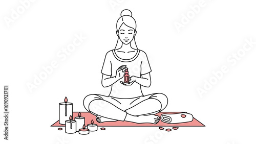 Serene figure in lotus pose meditating with hands clasped in prayer surrounded by candles and incense for spiritual practice
