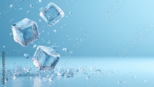 Ice cubes falling, light blue background
