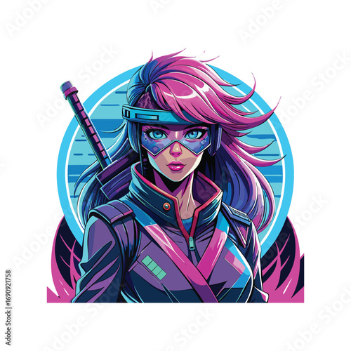 Cyberpunk warrior woman with pink hair and glowing blue eyes