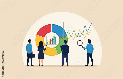 Team analyzing business growth with pie chart and stock market graphs