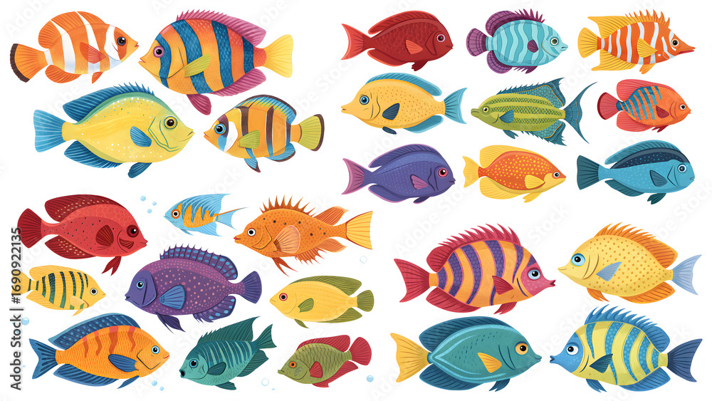 Naklejka premium Vibrant collage of tropical saltwater fish diverse marine aquarium life