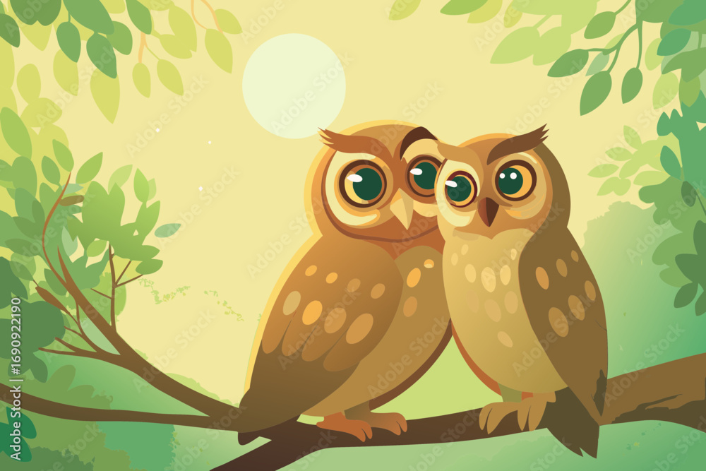 Obraz premium Two owls sitting on branch, one leaning head to another, cozy night with moon