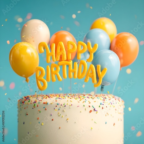 Birthday Cake with Colorful Balloons and Confetti Celebration