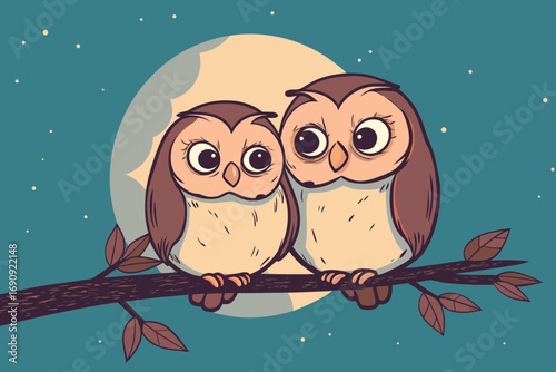 Two owls sitting on branch, one leaning head to another, cozy night with moon